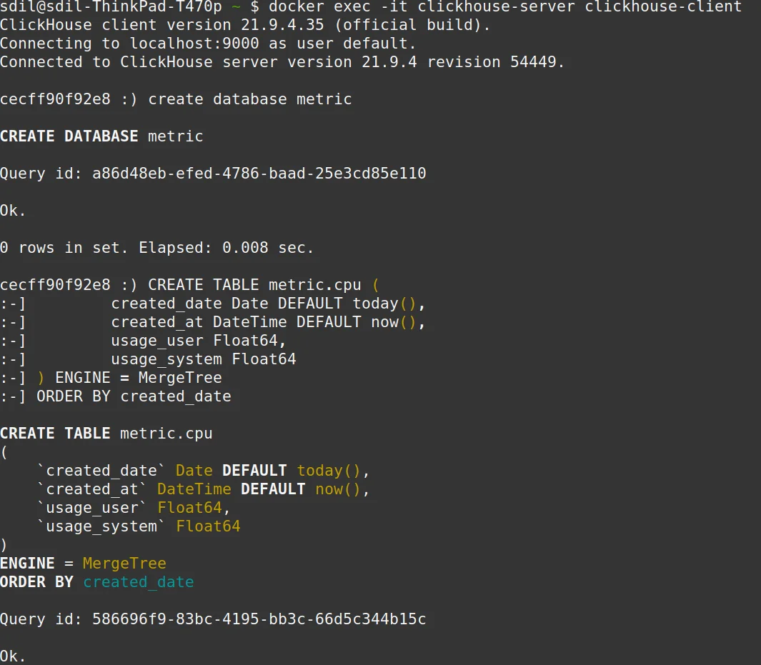 Setting up a database table in Clickhouse container